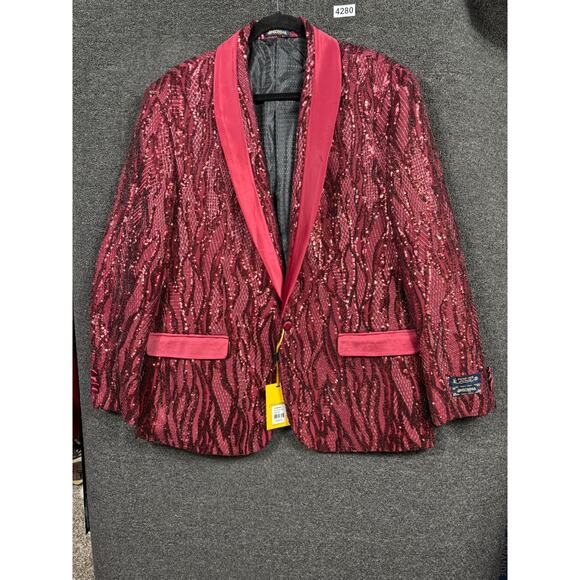 Insomnia Blazer Jacket Mens Medium Wine Red Sequin Shawl Collar Party Prom M205 - Picture 2 of 9
